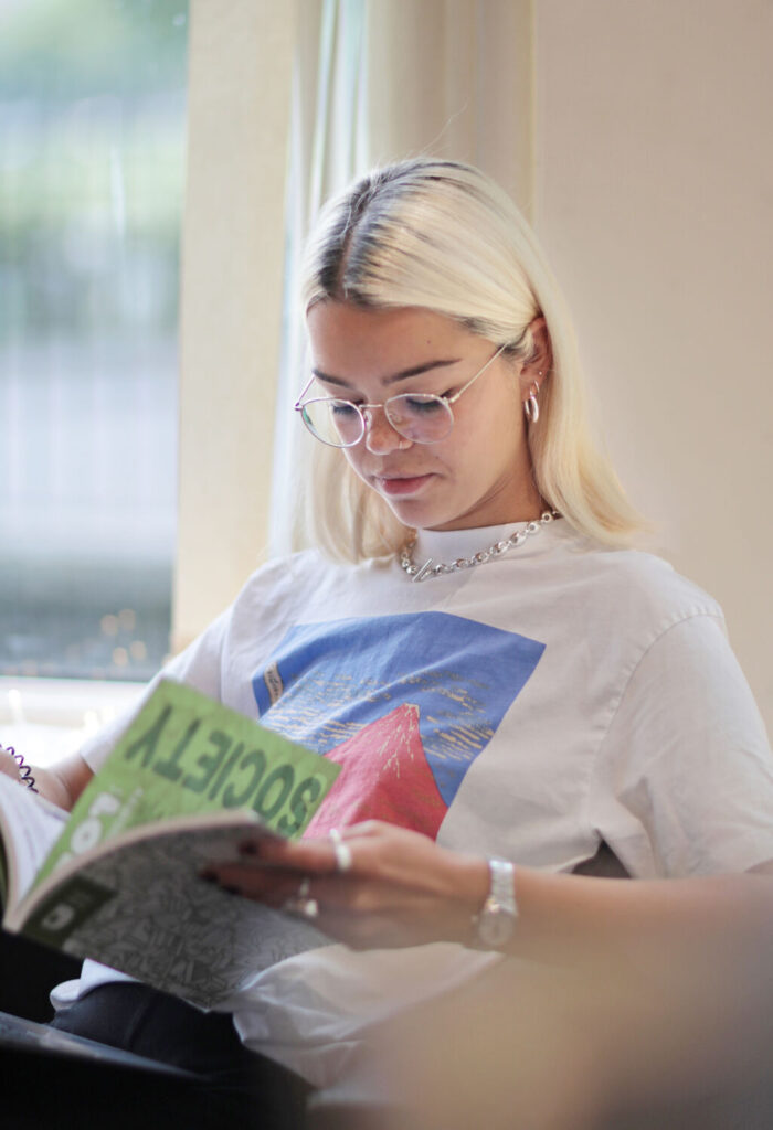 A student reading a text book